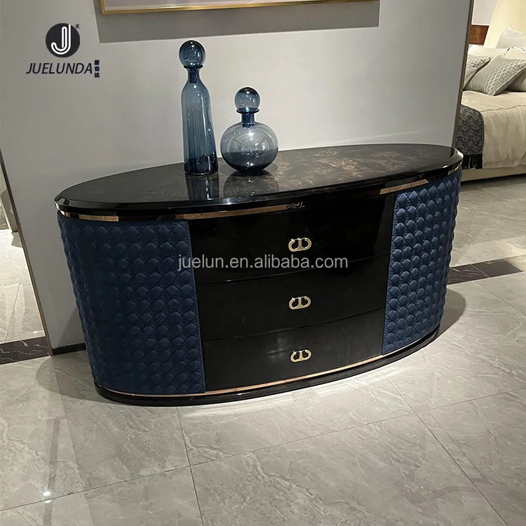 Modern Drawer Unit Upholstered Storage Chest High Glossy Wooden Veneer Side Board Blue Hotel Buffet Table