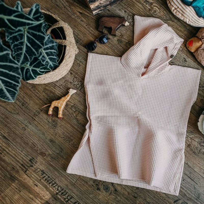 Quick Dry 100% Organic Cotton Waffle Beach Towel Poncho Robe Hooded Boys Girls