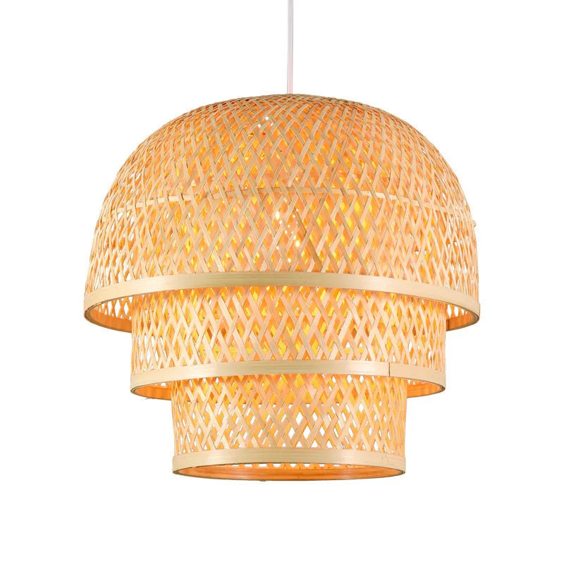 Wood Suspension Lantern Handmade Wicker Hanging Lamps Rattan three layers bamboo chandelier ceiling lights For Restaurant bar