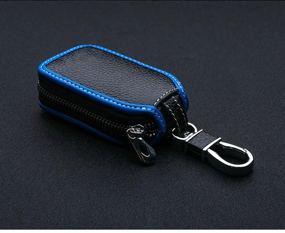 High quality leather automatic key fob holder smart key chain protective cover with metal hook and zipper