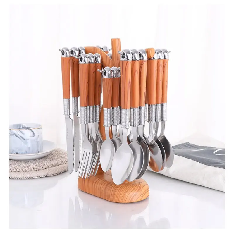 Hot Selling 24pcs Portable Stainless Steel Flatware Set Wooden Handle Knife Dinnerware Tableware Set Rack Wedding Food Serving