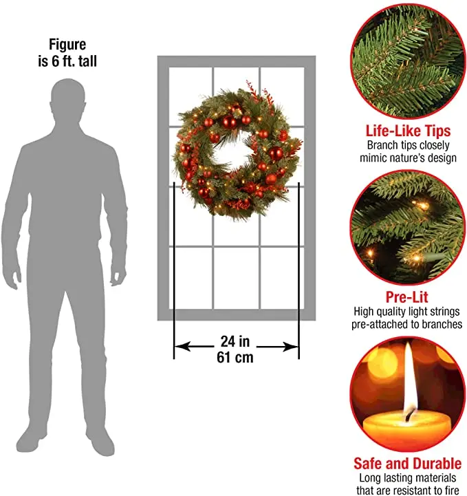 Artificial Pre-lit Christmas Wreath Decorative Collection Flocked with Mixed Decorations and LED Lights