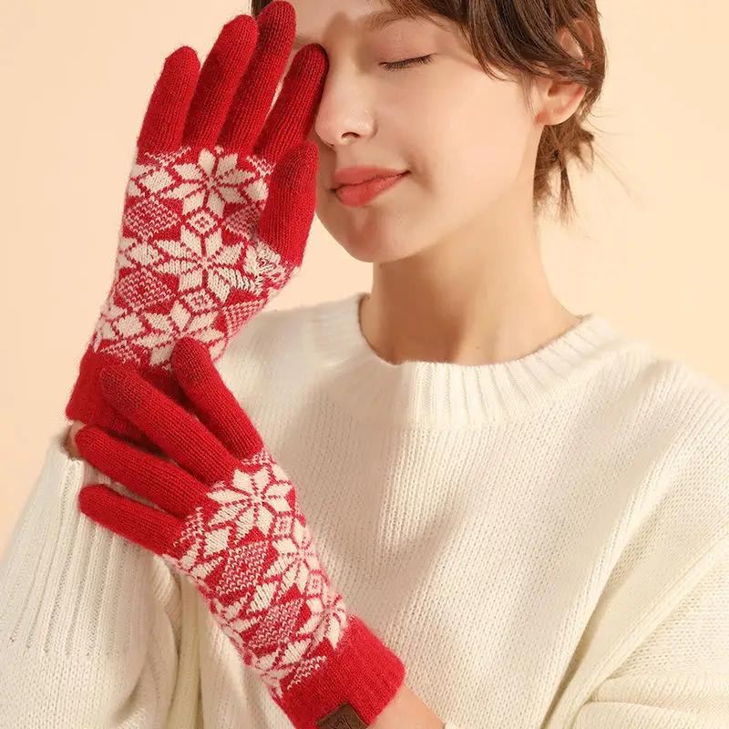 Wholesale red Christmas snowflake Love New Year gloves Winter warm touch screen outdoor riding fleece gloves