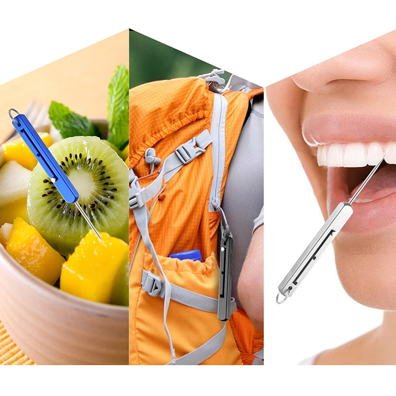 Portable Titanium Square Telescopic Toothpick Toothpick With Toothpick Holder Keychain Multi-function Fruit Fork