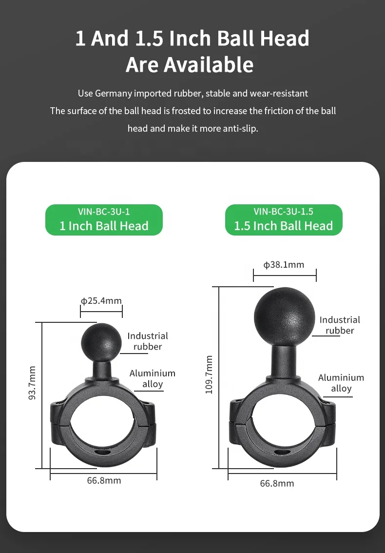 Aluminum Alloy Handlebar Mount Base with 1' Ball for Round Rail compatible with Ram B Size 1 Inch Ball Double Socket Arm