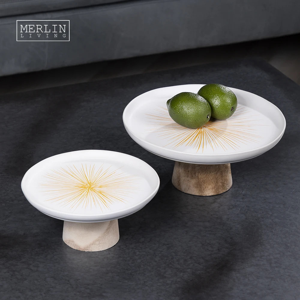 Merlin Modern nordic ceramic fruit plate porcelain tableware white Decorative cake with wood holder stand for dishes & plates