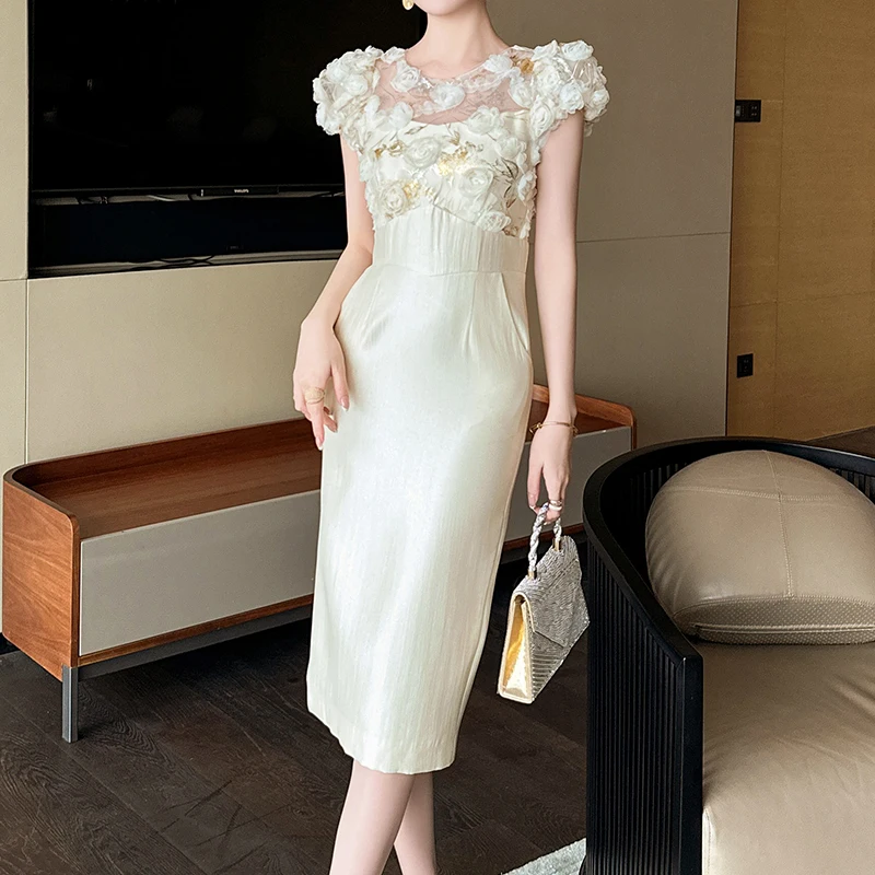 ZYHT 21363 Women Formal Dresses 3D Flower High Waist Bodycon Party Elegant Clothes Summer Casual Dresses for Women