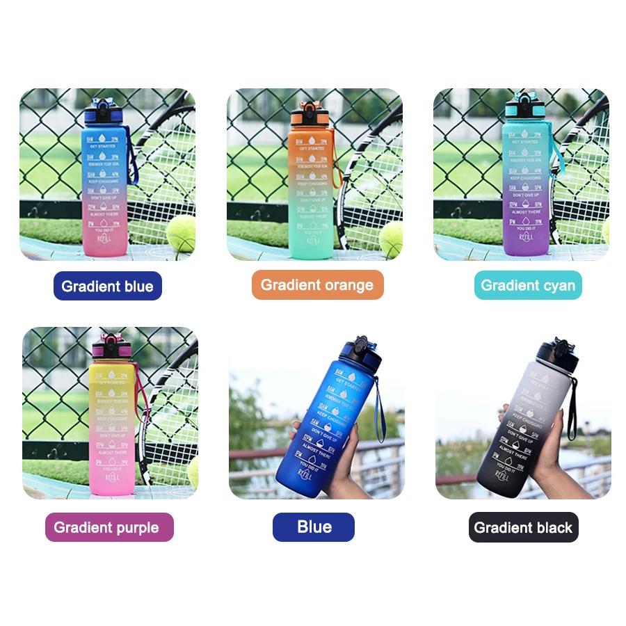 Factory Wholesale 32 OZ Trinkflasche Leak Proof Plastics Waterbottle 1L Fitness Sports Gym Straw Motivational Water Bottle