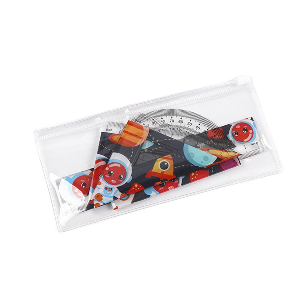 School Stationery Supplies 15cm Compass Math Ruler Logo Custom Kids 4pcs Soft Clear Plastic Ruler Set