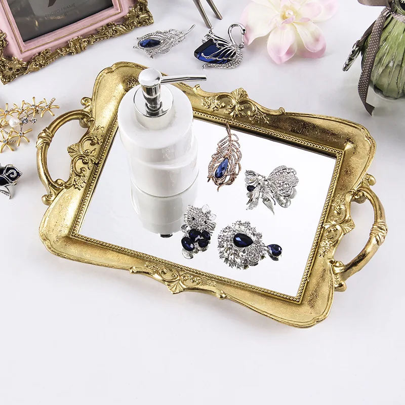 European Style gold Decoration Custom Hotel Home Decor Antique serving Mirror Square Jewelry Resin Fruit Tray For Wedding luxury