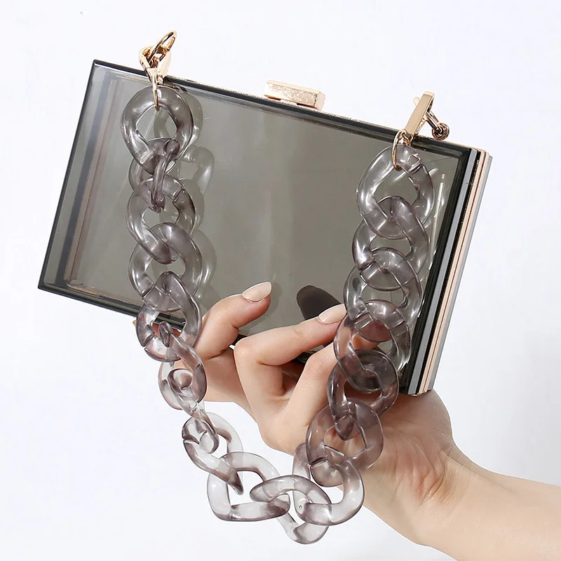 Ins Hot See-through Acrylic Bags Thick Chain Square Box Handbag Transparent Women Pvc Hand Bag Purses Evening Party Clutch