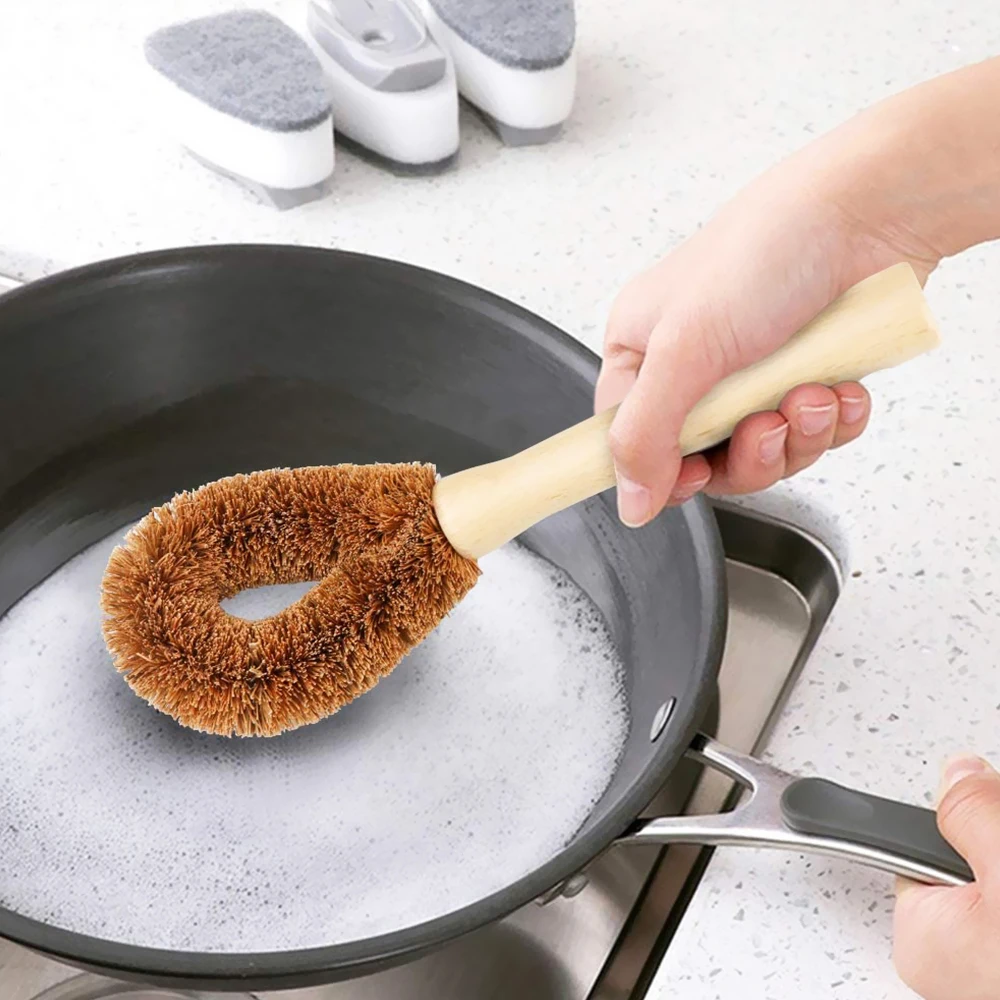 bamboo coconut fiber long handle kitchen tool pan pot kitchen cleaning washing brush coconut wooden dish brush