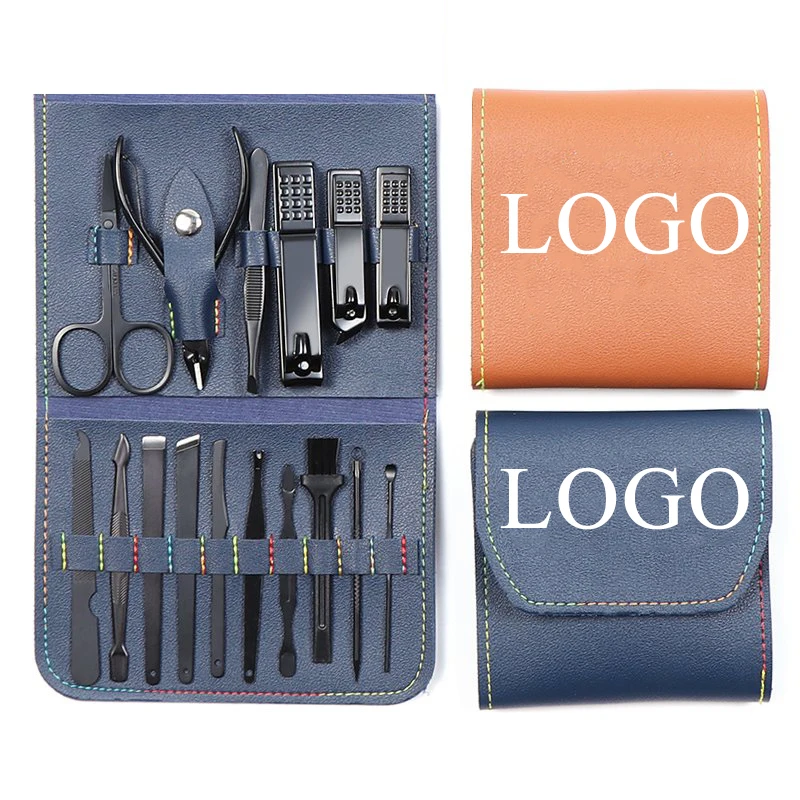 Free Sample 7/12/16PCS PU Leather Black Nails Kit Nail Tool Uv Lamp Professional Cutter Set De Manicure