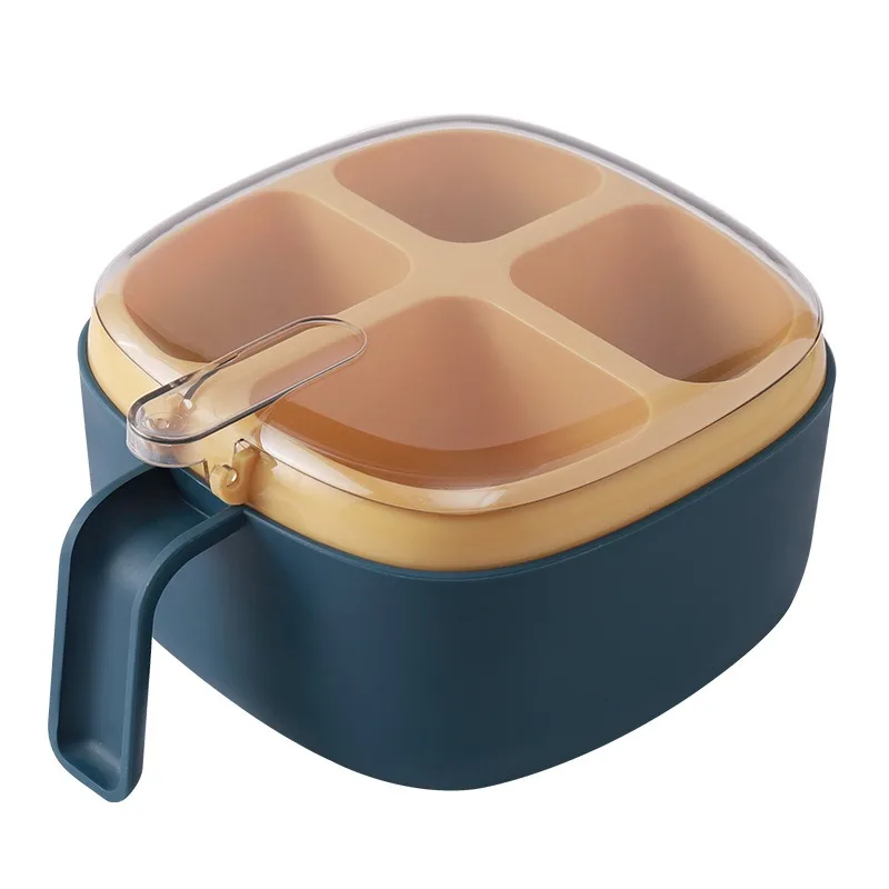 HYRI 4-Compartment Press-Type Seasoning Box With Spoons And Lid Household Kitchen Salt Sugar Storage Organizer Container