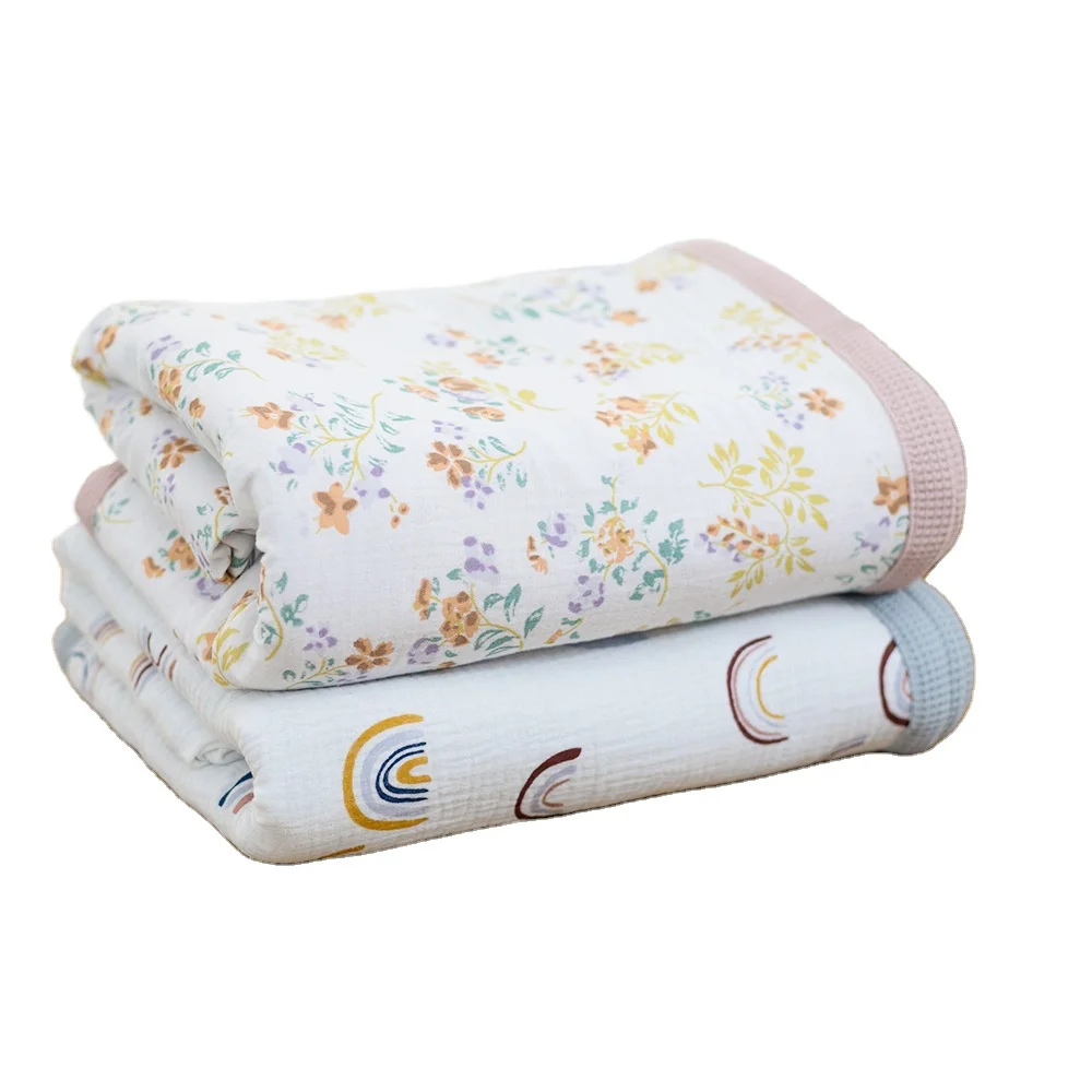 Customized 100% breathable cotton waffle gauze baby printed comfortable soft blanket for home bed baby sleeping