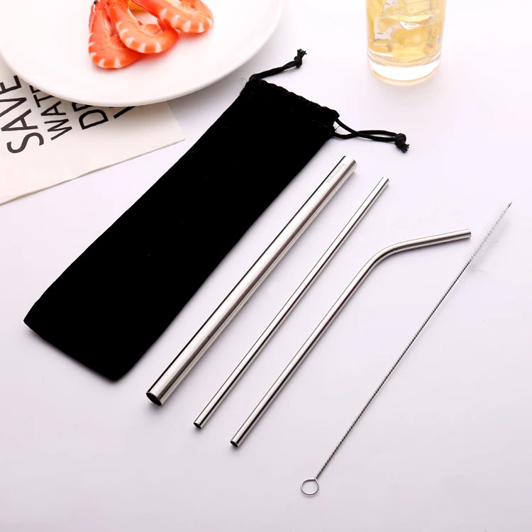 Wholesale eco friendly Reusable 3PCS Stainless Steel Drinking Metal Straws Set With Brush