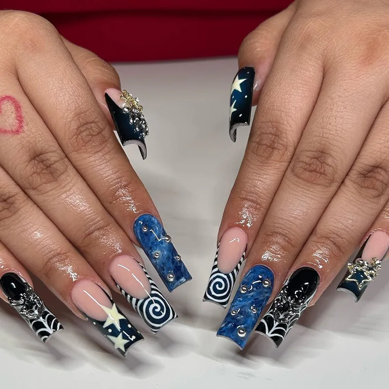 Pretty Blue Press On Nails Artificial Fingernails Soft Gel 100% Hand Made Artificial Fingernails French Tip Press On Nails