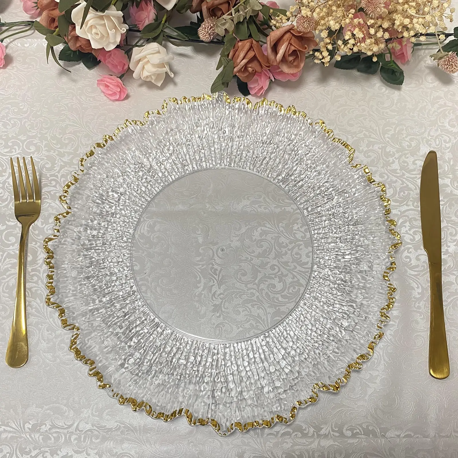 Placas Cargador para Boda Clear Plastic Round Ruffled Gold Rim Dinner Plastic Reef Coral Wedding Charger Plates with Flora Rim