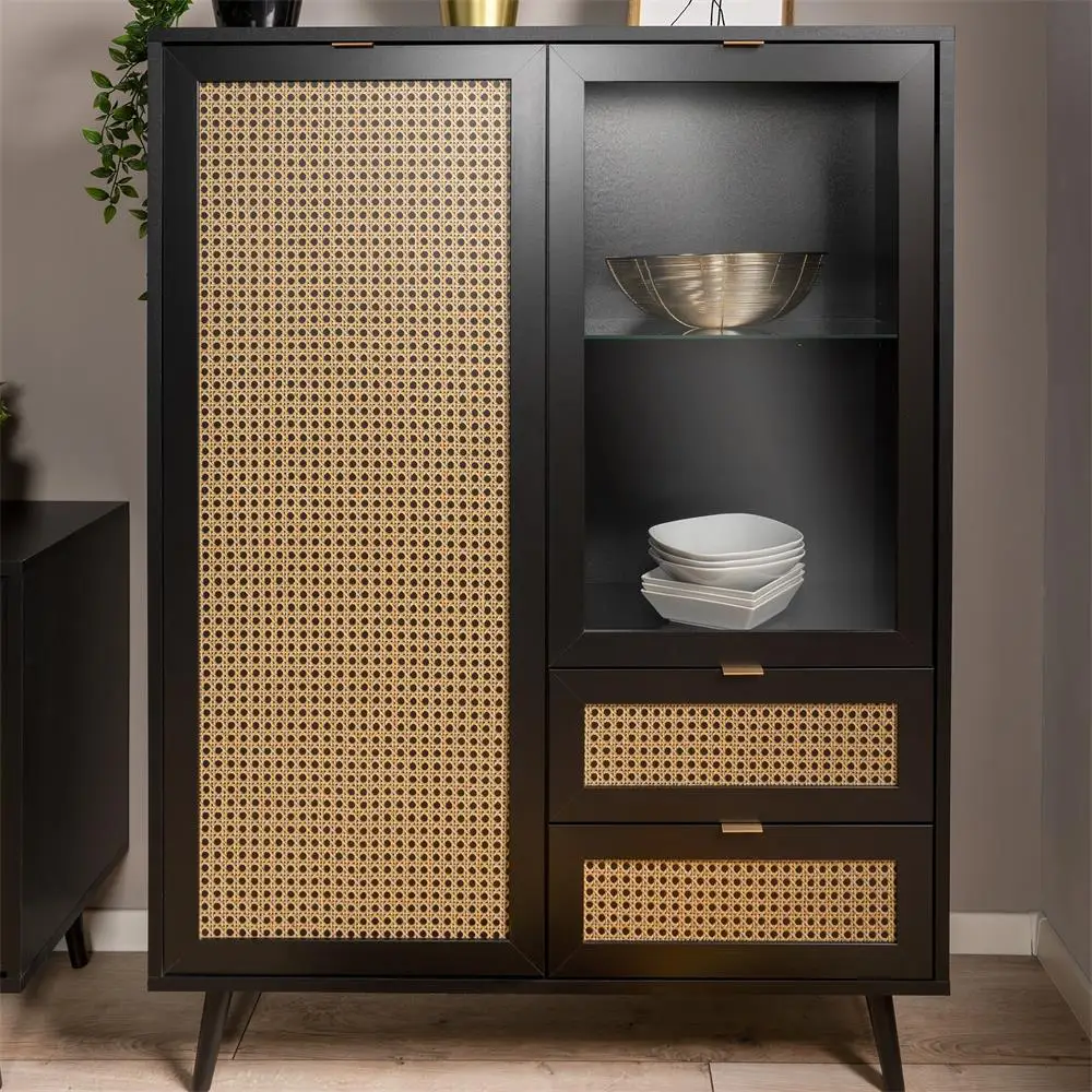 3 door wood and rattan buffet sideboard