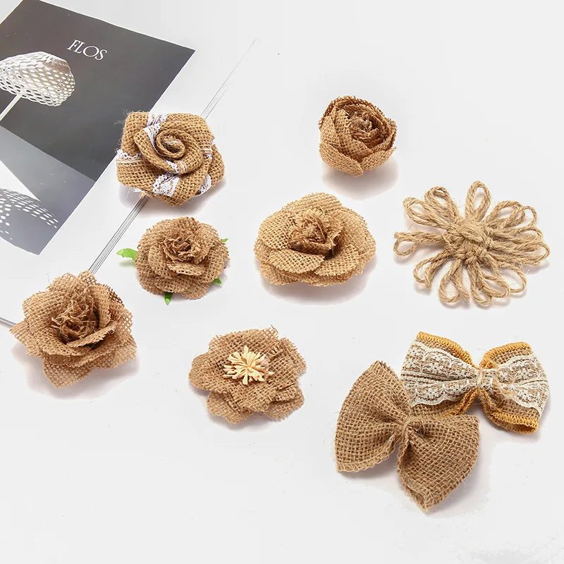 hemp rope flowers handmade DIY production layout linen flower decorative material accessories Christmas jute bow