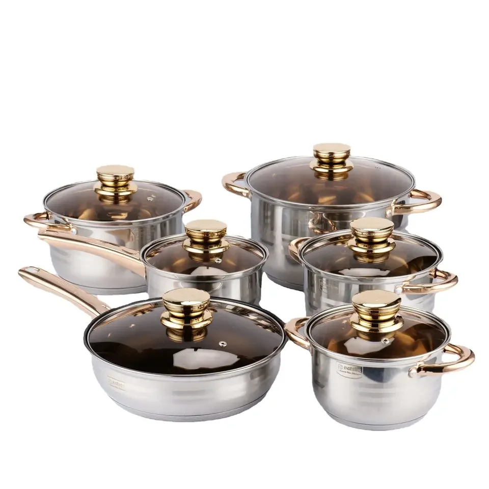 High Quality Easy Clean Cookware Sets Stainless Steel 201/304 Gold Plated Handles Oem Acceptable