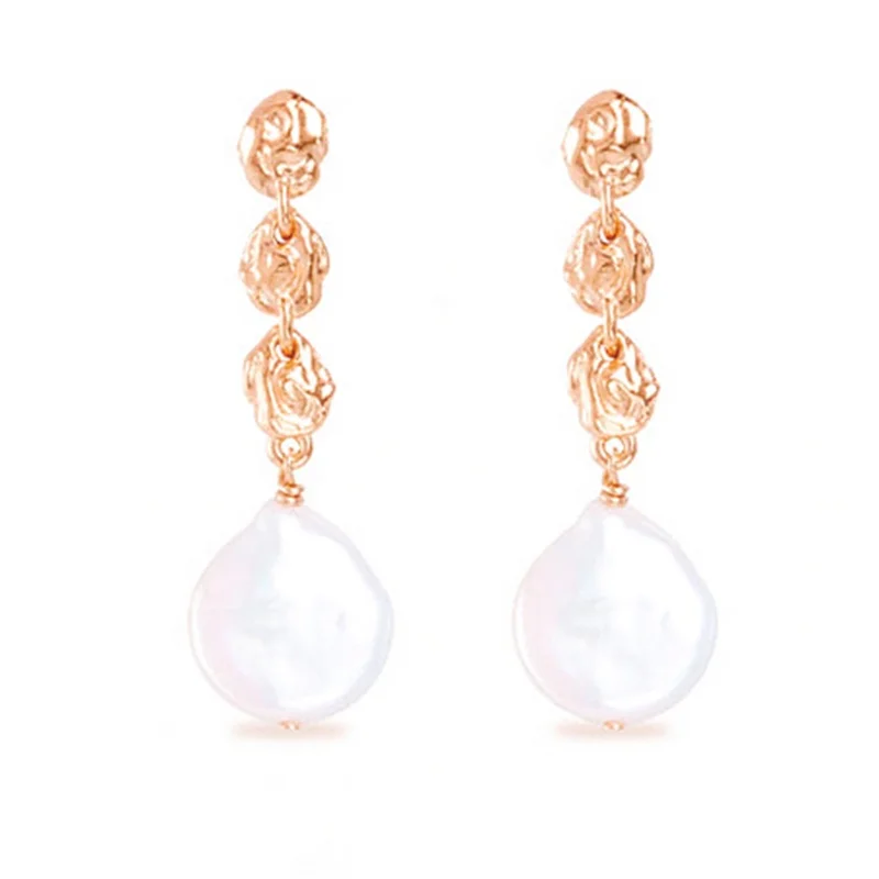 Milskye chic fine jewelry 925 sterling silver 18k gold plated natural drop coin freshwater pearls stud earring