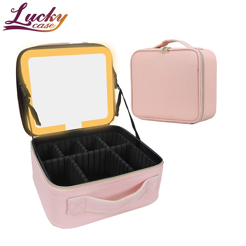 Pu Makeup Bag with Led Mirror Lighted Make Up Travel Bag with Dividers Cosmetic Vanity Bag Case