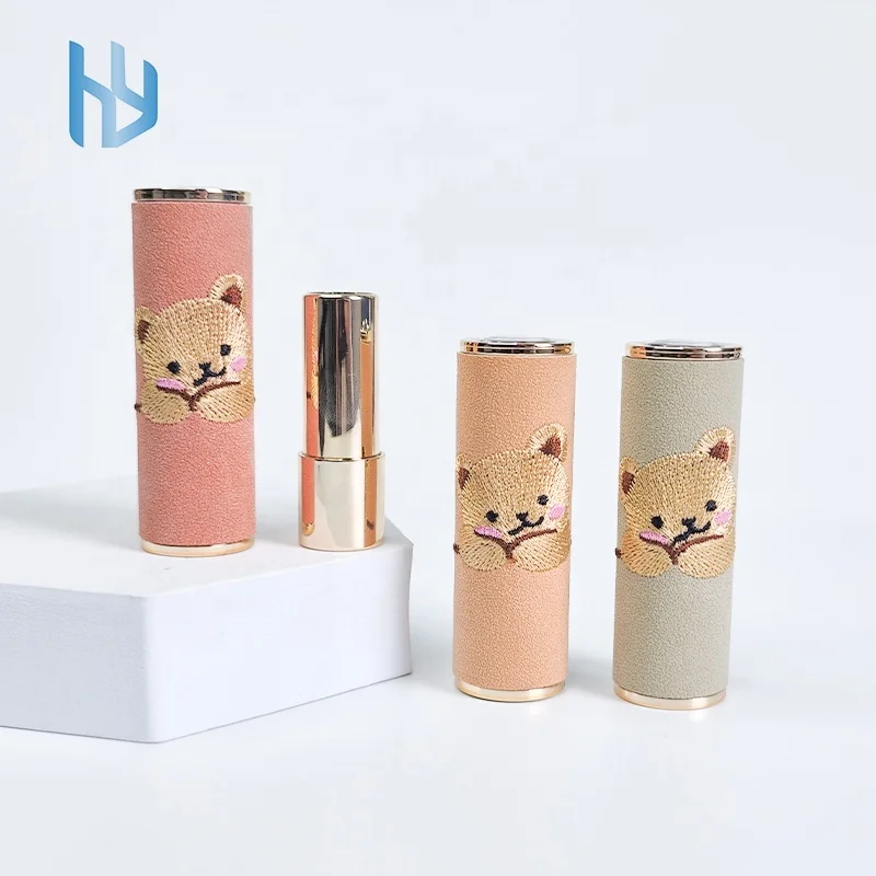 Cute Embroidery bear 12.1mm lipstick container press lipstick tube empty plastic lip balm tube