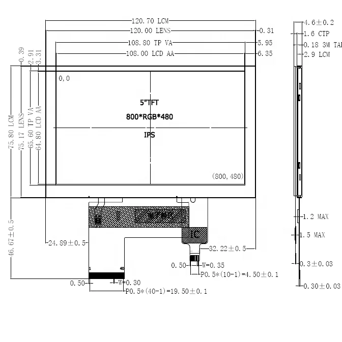 5.0' 5.0inch 5.0 inch 800x480 pixels TW050BS40T22C fucolors TFT-LCD display with CTP touch panel