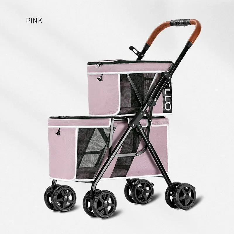 Foldable manufacturer 4 wheels pet stroller for two cat dog breathable pet carrier stroller