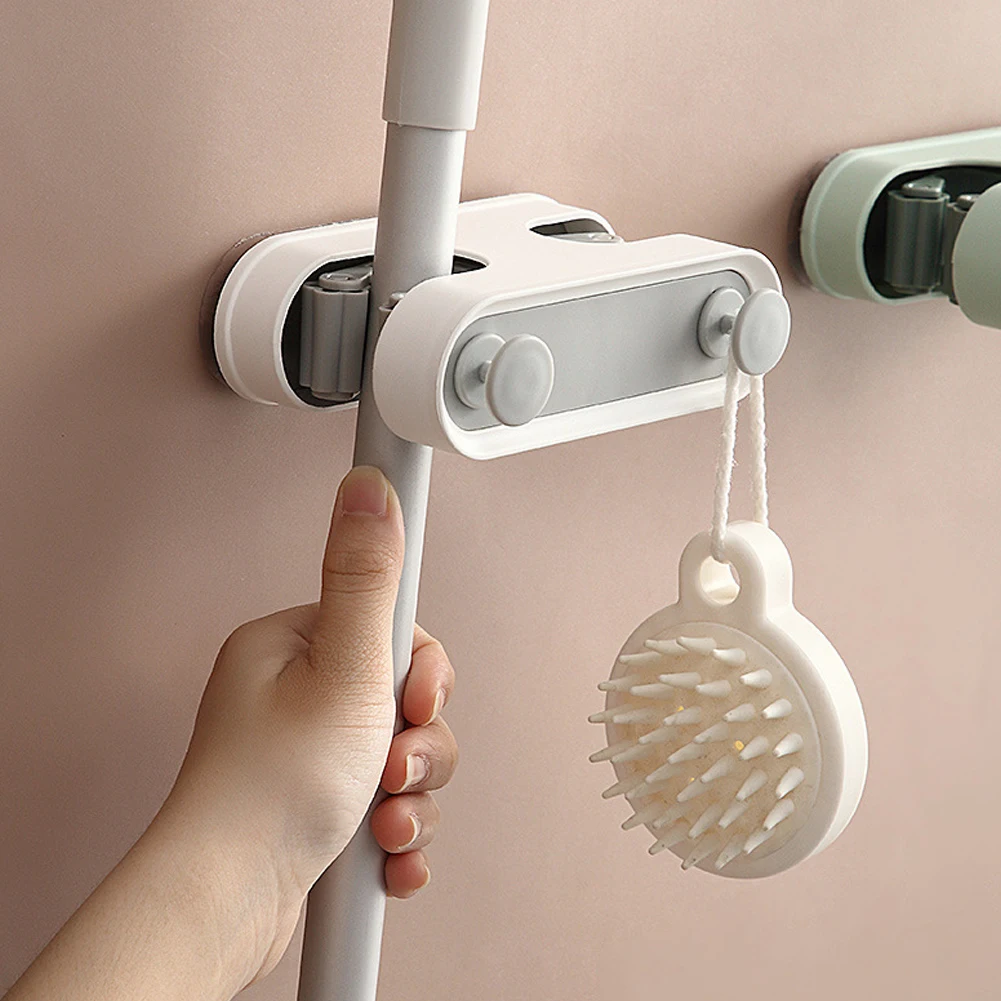 Nordic Mop Clip Hook Holder Self-adhesive Kitchen Shelf Storage Brush Broom Hanger Free Punching Household Bathroom Tool