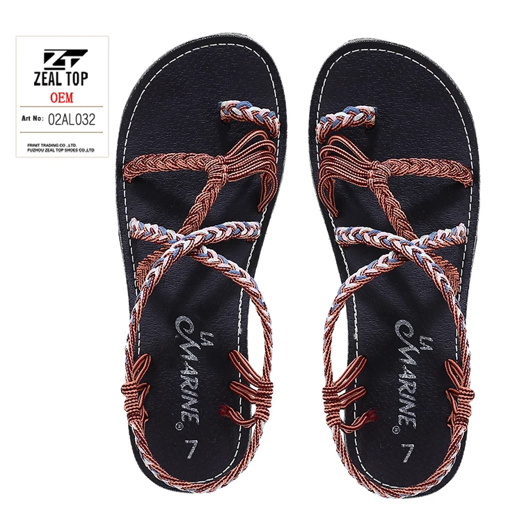 summer platform sandals pu women custom comfy flat ladies soft foot braided rope detail slide sandals braided rope sandals