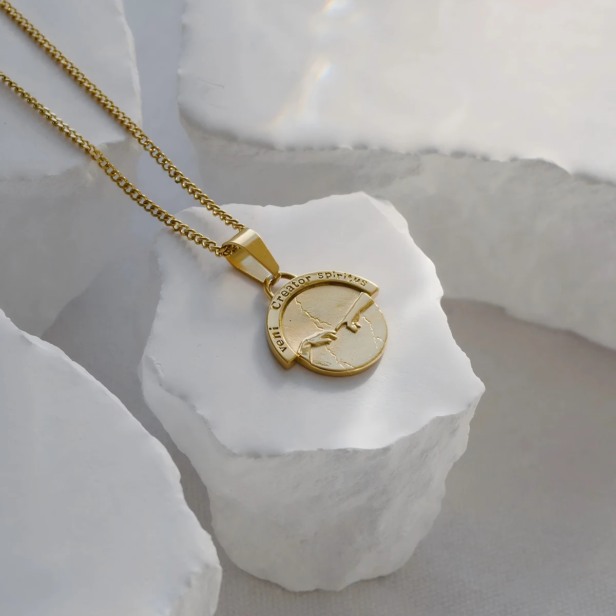 Stainless Steel Veni Creator Spiritus Creation Of Adam Pendant Necklace