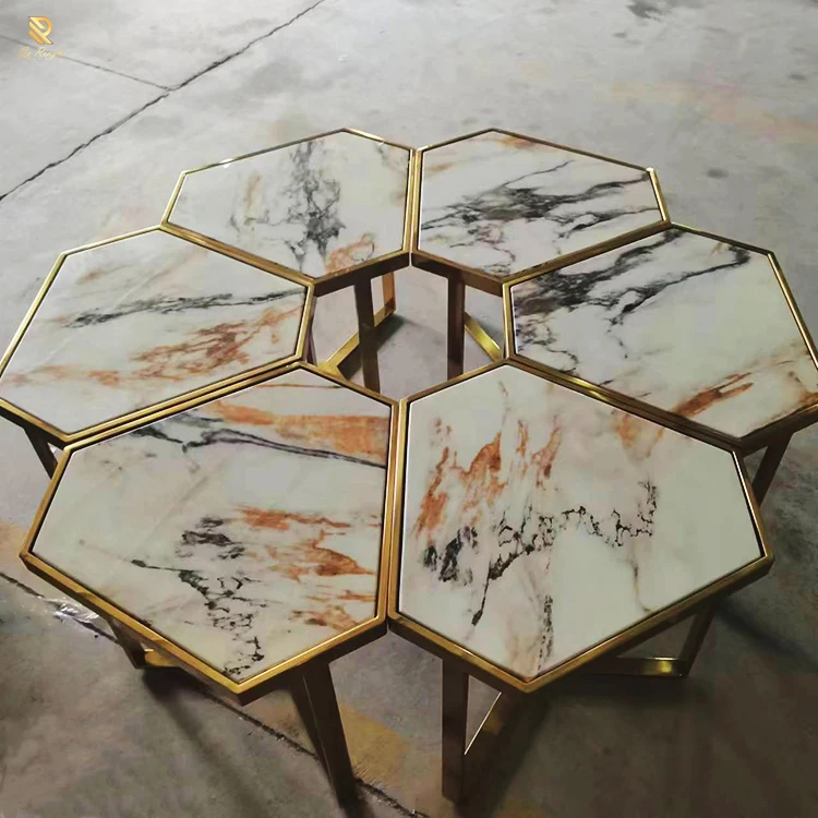 High quality texture white artificial marble table top office conference table interior decor hexagon petals design coffee table
