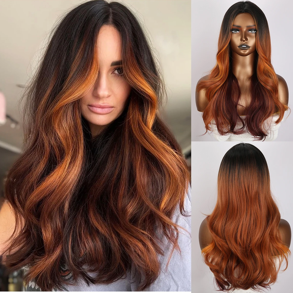 New European and American ladies fashion dark brown gradient long curly hair high temperature silk chemical fiber wig