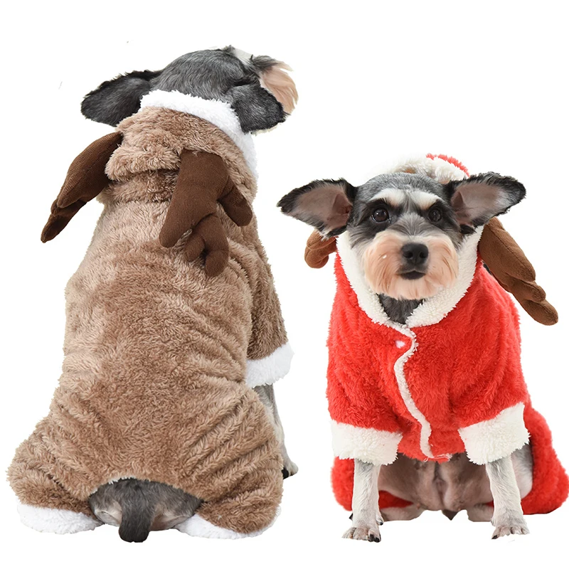 Hot selling small and medium sized dog clothes christmas reindeer winter padded four-legged hoodies pet supplies