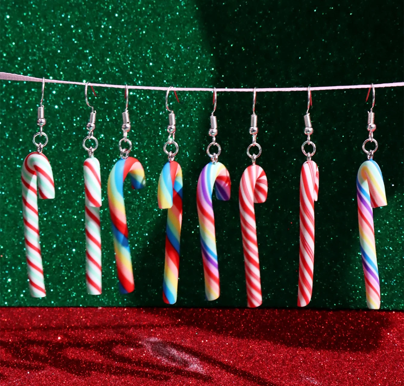 Vintage Colorful Cane Drop Earrings Polymer Clay Striped Rainbow Candy Dangle Earrings for Women Christmas Party Jewelry Gift