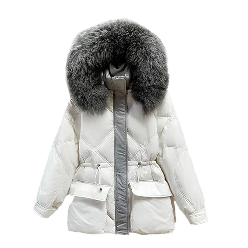 2021 Winter Fox Fur Parka White Duck Down Coat Women Puffer Jackets With Sliver Fox Fur Collar