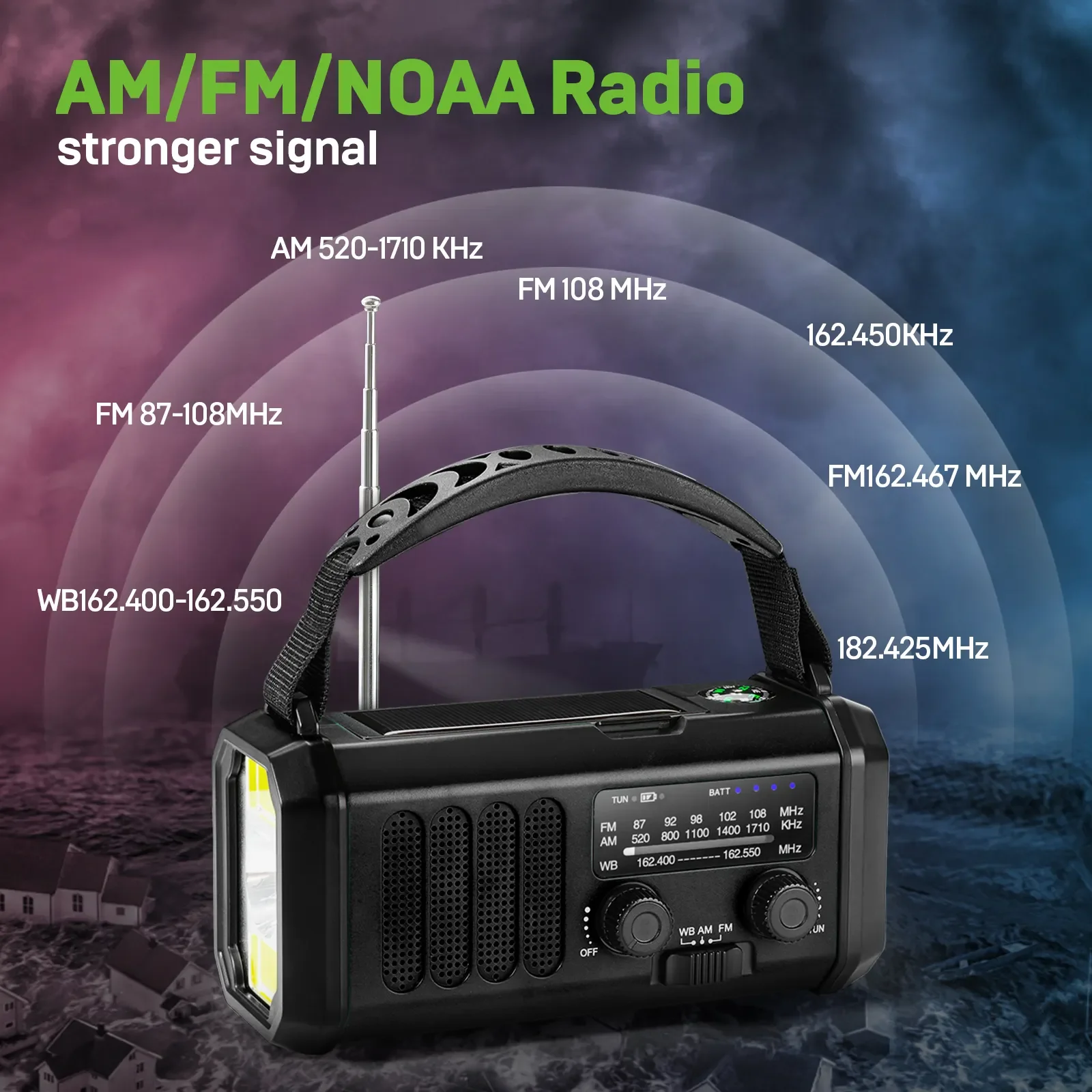 Portable 10000mAh Crank Radio with LED Reading Light Compass Torch NOAA/AM/FM Weather Radio MP3-for Home Emerncy & Solar Use