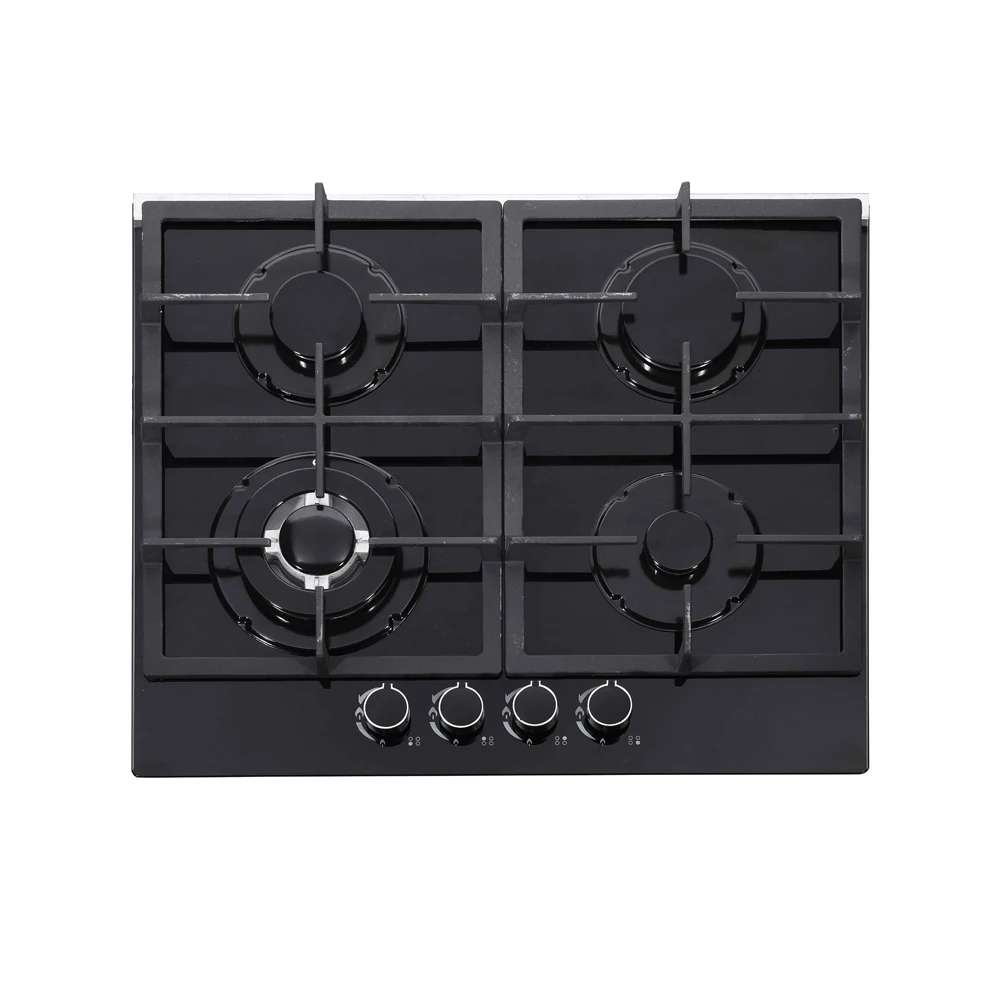 All black tempered glass 4 burners built in stove  metal knob enamel support gas burner stove kitchen use cooker hob