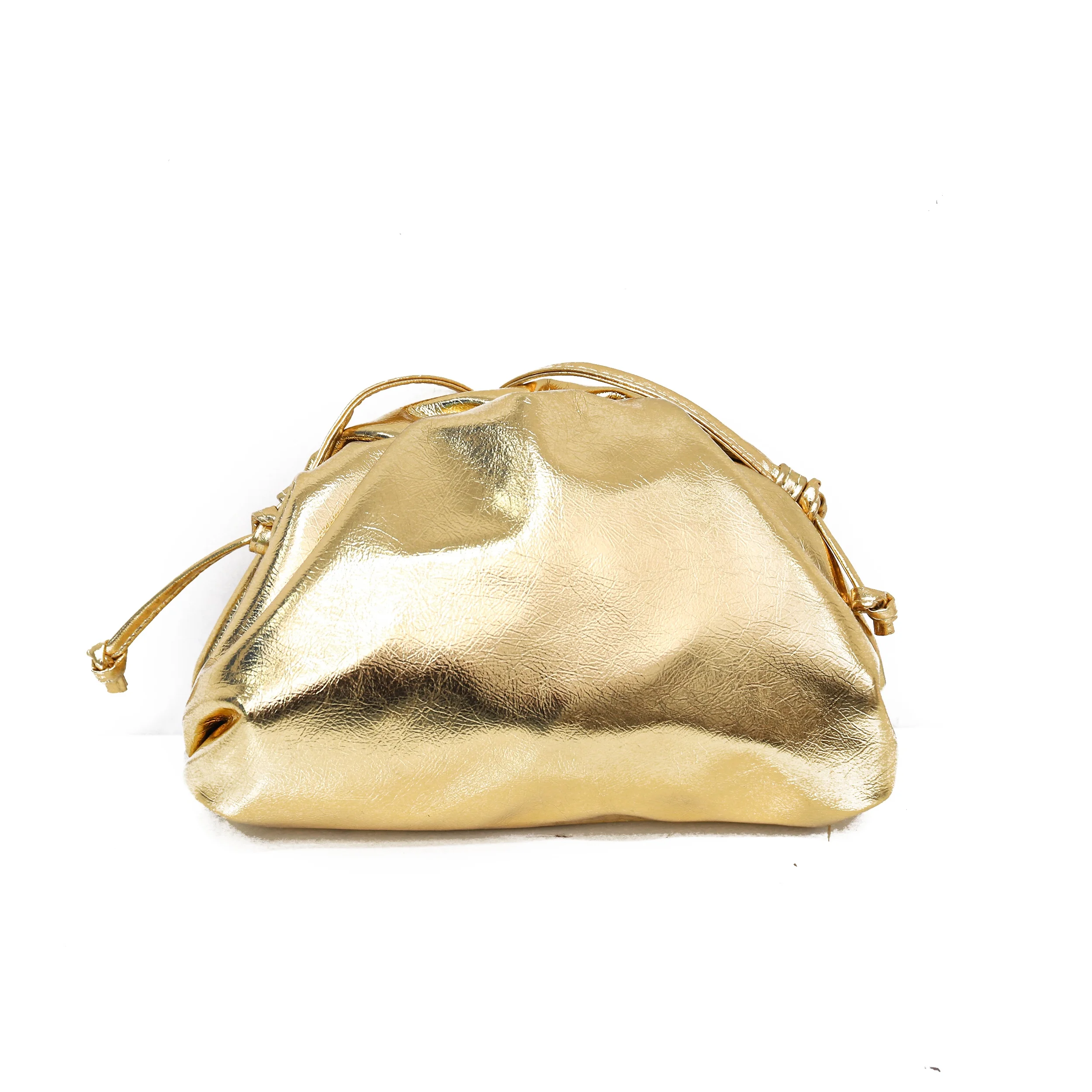 Top sale Fashion women small Metallic golden pouch silver clutch purse  trendy ladies evening bag purse with string cloud bag
