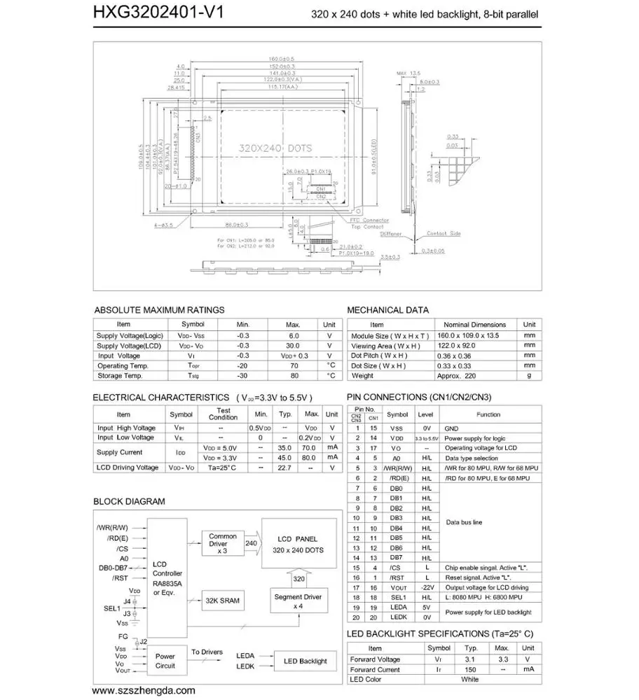 Промышленный 5 7-дюймовый ЖК-дисплей FSTN 320x240 точек 20 контактов 8-битный параллельный 3 В/5 В модуль