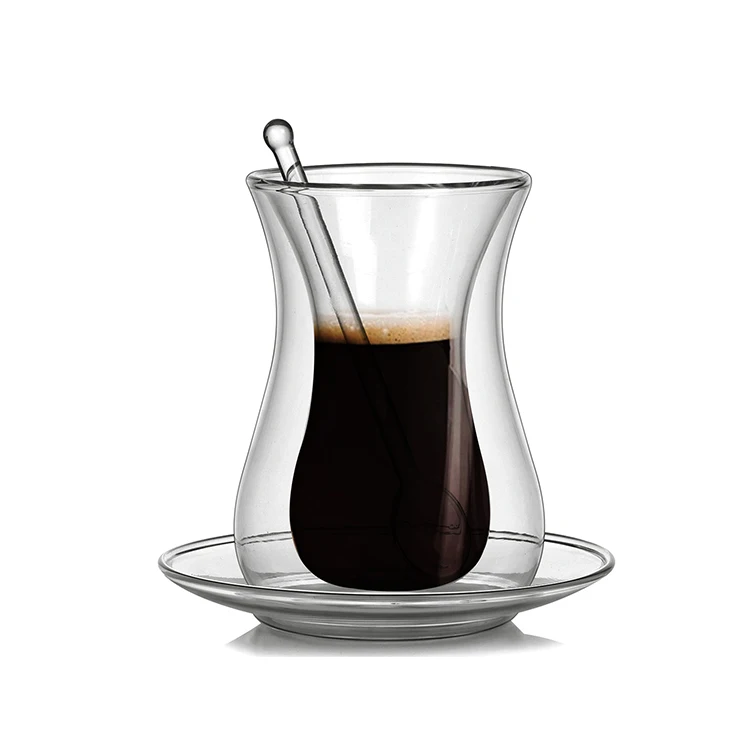 Double Wall Turkish Clear Glass Tea Mug Cup Set with Spoon and Dish