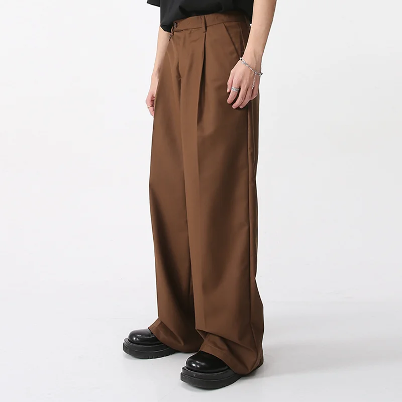 Oem Customized Manufacturer Casual Baggy Pants High Waist Zipper Fly Pleat Side Pockets Wide Leg Brown Trousers For Men