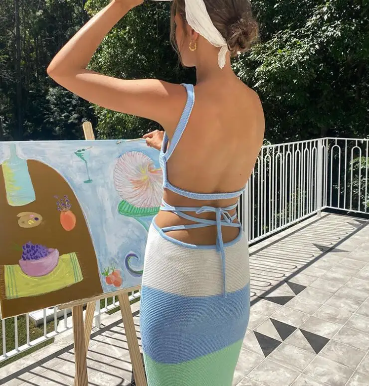 STOCK Hollow Out Backless Suspender Striped Tank Midi Dress Women Jacquard Knit Long Dresses
