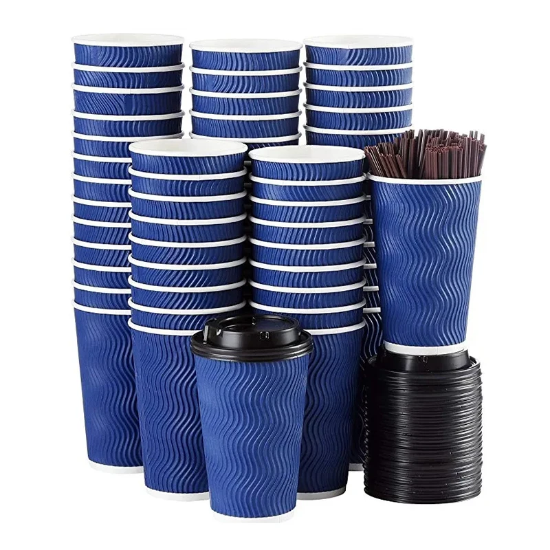 Custom wholesale single double ripple wall paper cup with logo disposable blue coffee cake tea papers cups with dome lids