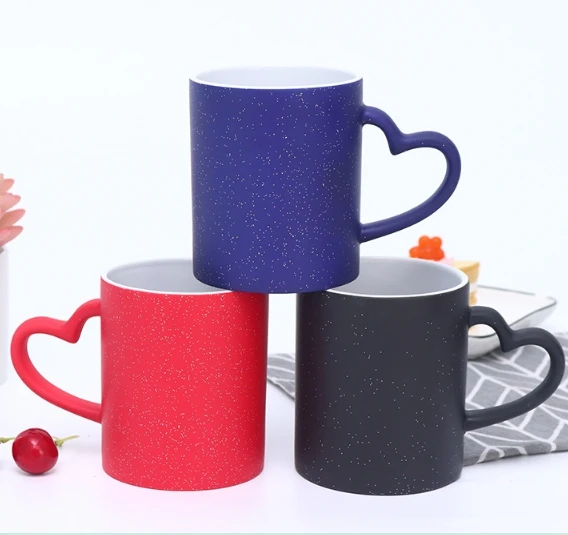 Wholesale Sublimation Ceramic Mug Heat Transfer Color changing Cup with Heart Handle 11oz Magic Mug