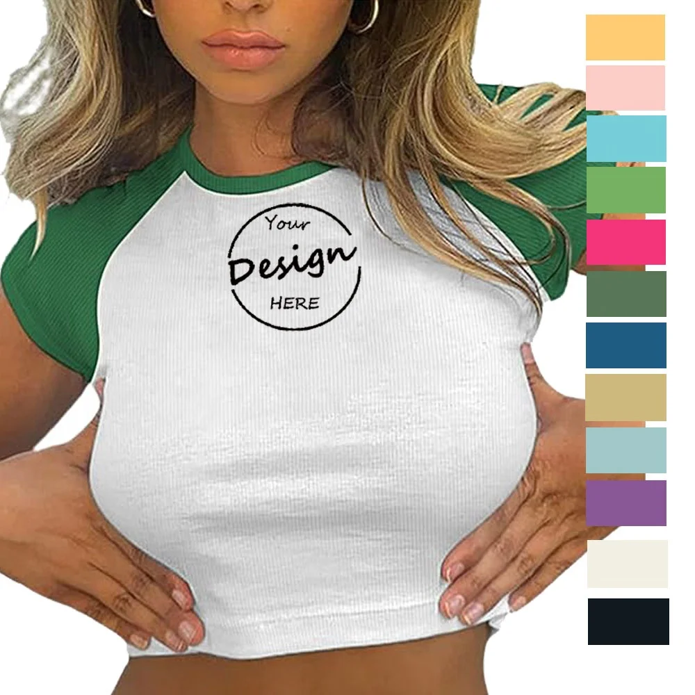 Screen Print Raglan Cotton Baby Tee Color Block Tight Rib Knit Cropped TShirt Custom Wholesale Slim Crop Tops T Shirt For Women