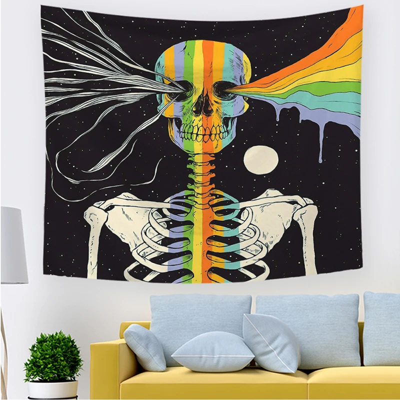 Monad Hippie Skull Printed Tapestry Wall Hanging Human Skeleton Art Tapestries for Room Decoration