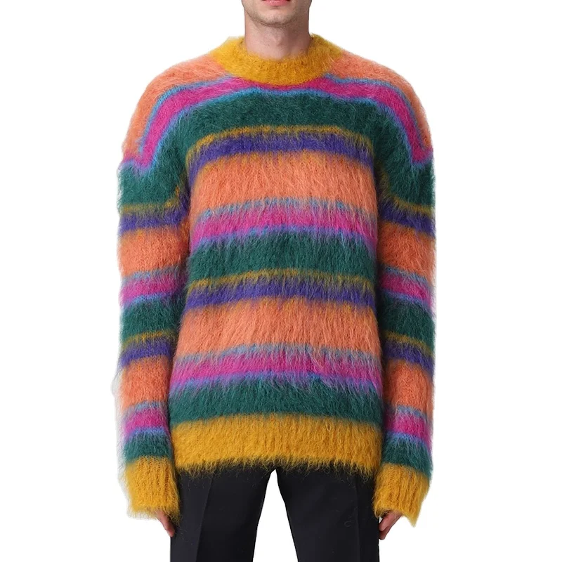 2023 Custom OEM & ODM men mohair sweaters Fuzzy  Long Sleeve knitwear winter knitted pullover Striped mohair men knit sweaters